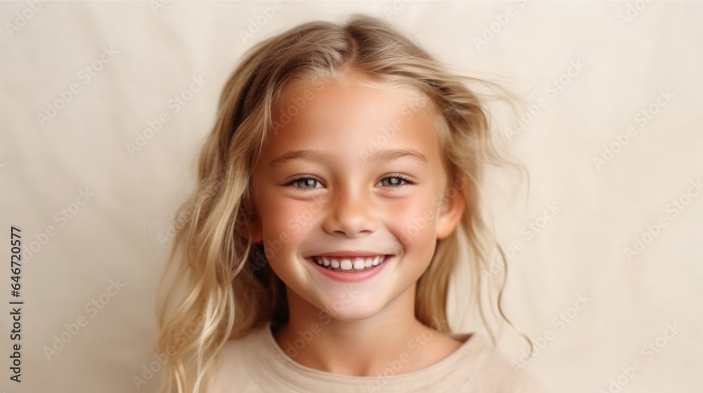 Beaming little girl, blonde, in neutral clothes, poses in studio with light beige background. Generative AI Beaming little girl, blonde, in neutral clothes, poses in studio with light beige background. Generative AI