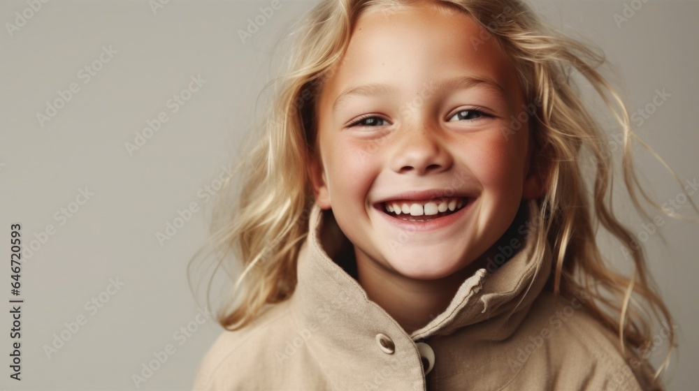 Beaming little girl, blonde, poses in studio, wearing neutral clothes, against light beige backdrop. Generative AI Beaming little girl, blonde, poses in studio, wearing neutral clothes, against light beige backdrop. Generative AI