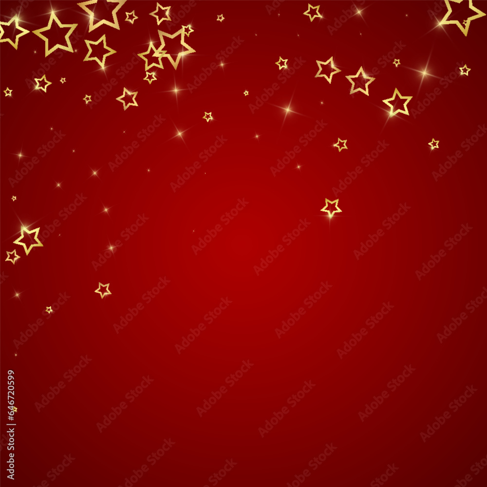 Christmas spirit. Scattered falling stars. Festive christmas confetty overlay template. Festive stars vector illustration on red background.