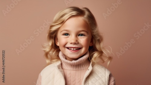 Studio portrait of happy blonde kid, little girl, in neutral attire, smiling against light beige background. Generative AI