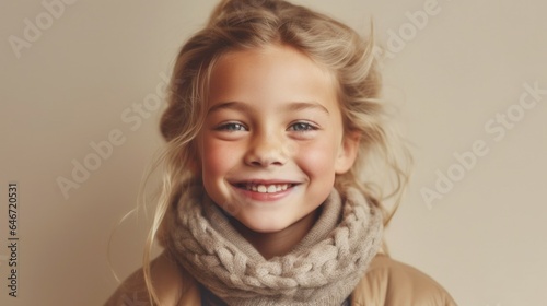 Smiling kid, blonde, in neutral attire, studio portrait against light beige backdrop. Generative AI