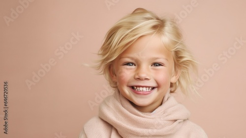 Portrait of joyful blonde child, little girl, in neutral clothes, studio, light beige background. Generative AI