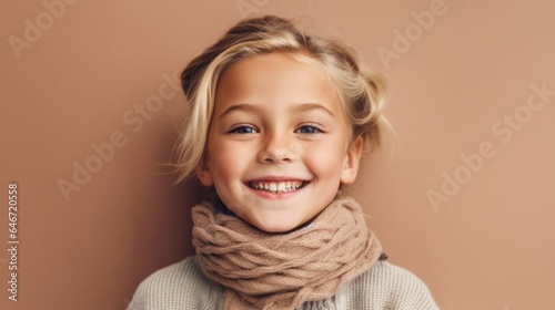Portrait of joyful little girl, blonde, in neutral clothes, posing in studio with light beige background. Generative AI