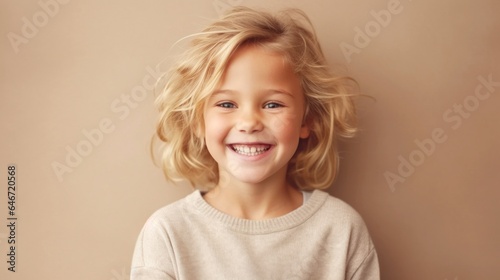 Smiling blonde girl in studio, wearing neutral outfit, against light beige backdrop. Generative AI