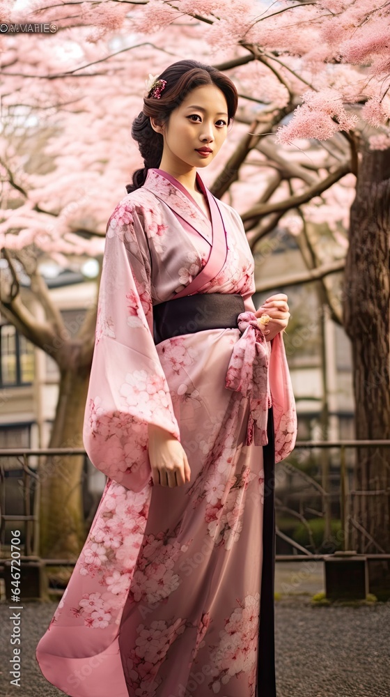 attractive asian woman wearing kimono in autumn, A Japanese-style girl