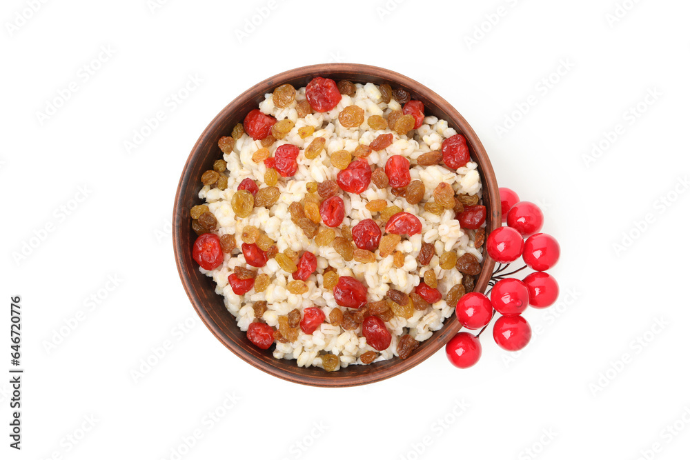 Concept of tasty Orthodox Christmas food, Kutya, isolated on white background Concept of tasty Orthodox Christmas food, Kutya, isolated on white background