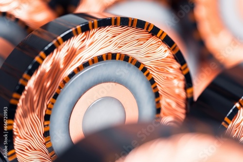 Cross section of high-voltage cable, polymer insulation. Close-up of some high voltage copper cable cross-section. Abstract focus industry concept, Generative AI photo