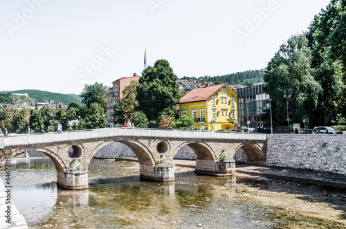 Sarajevo, Bosnia and Hercegovina, August 13, 2023. View of old Latin Bridge and river.