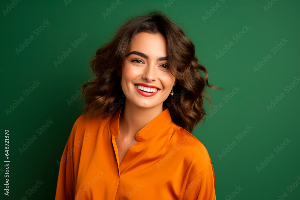 attractive young woman smiling dressed in orange on green background. created with AI