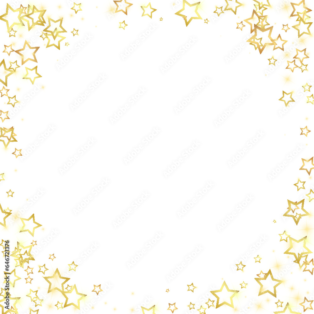 Gold sparkling star confetti. Chaotic dreamy childish overlay template. Festive stars vector illustration on white background. Gold sparkling star confetti. Chaotic dreamy childish overlay template. Festive stars vector illustration on white background.