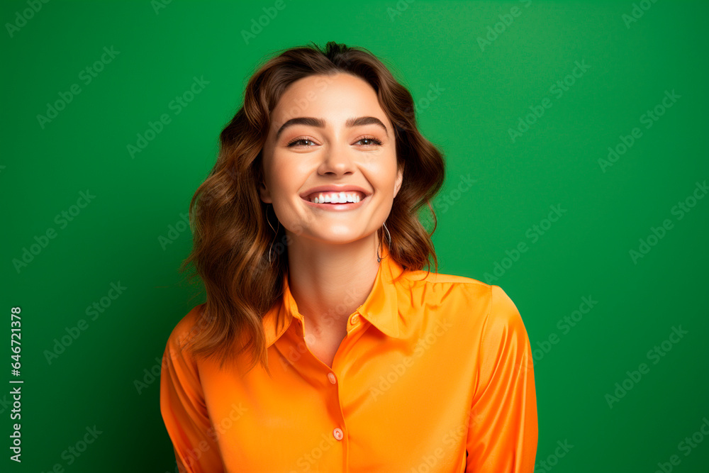 attractive young woman smiling dressed in orange on green background. created with AI attractive young woman smiling dressed in orange on green background. created with AI