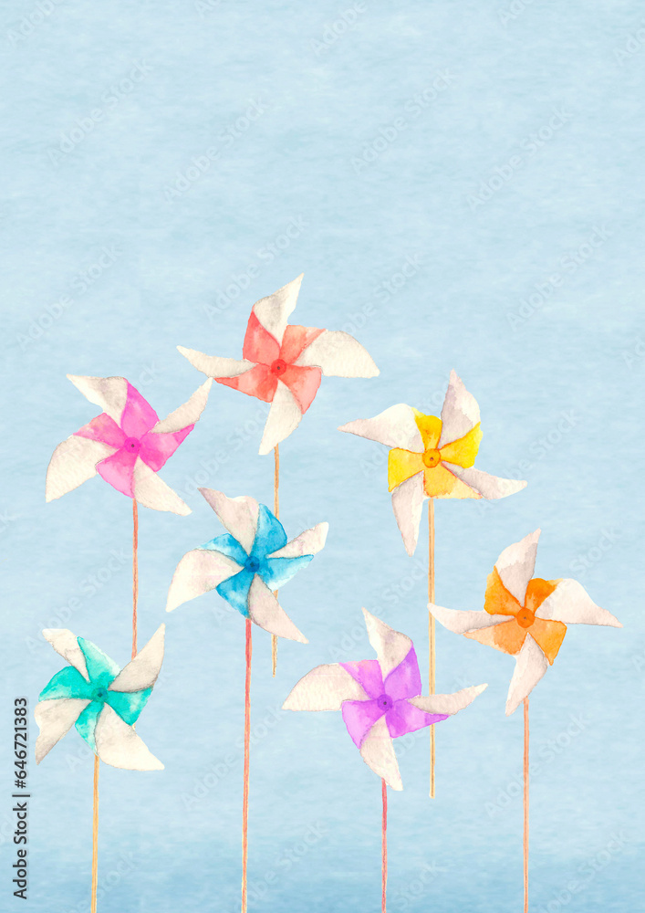 Obraz premium 水彩で描いた青空をバックに配した7本のカラフルな風車