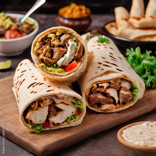 Shawarma with meat and vegetables lies on wooden table background. Generative Ai.