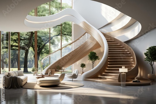modern luxury entrance hall with staircase and light natural materials