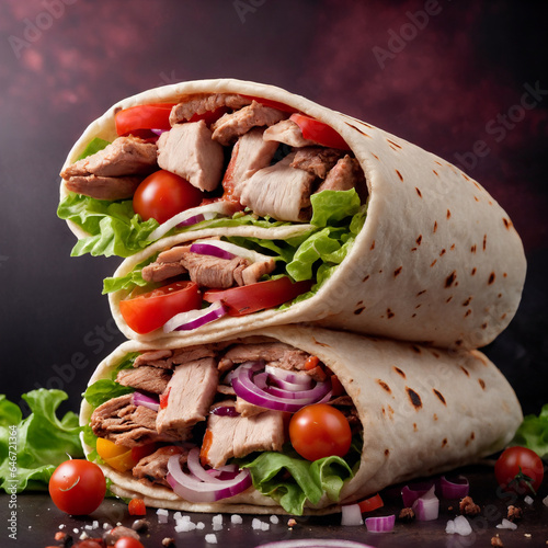 Shawarma with meat and vegetables lies on wooden table background. Generative Ai.