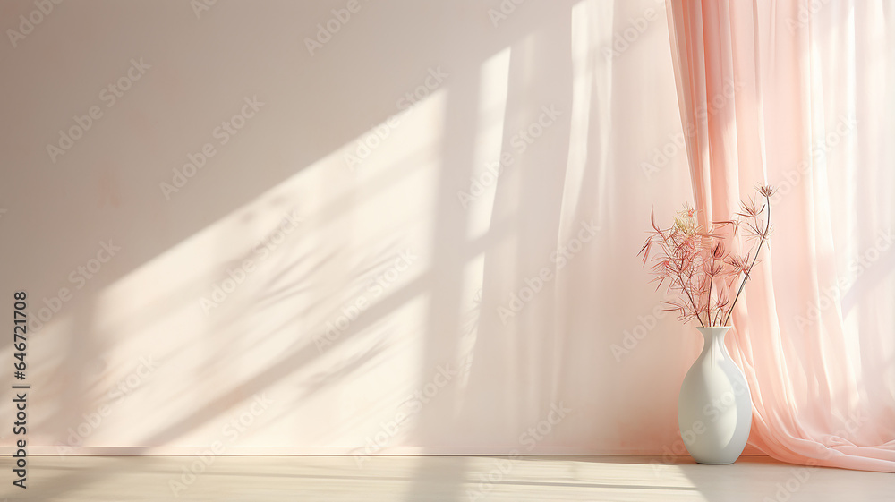 delicate pink curtain translucent silk on the window, interior light soft pastel , decoration wall room