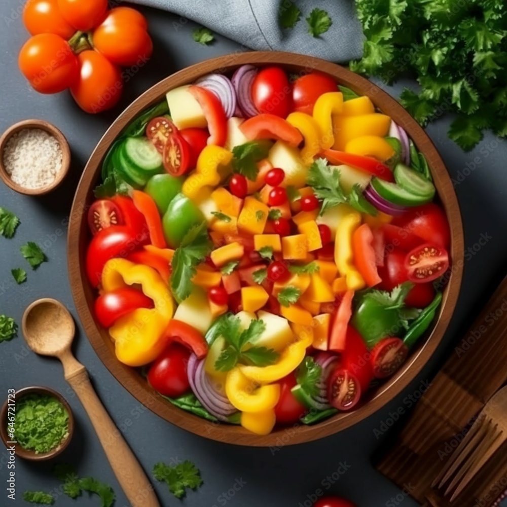 a vegetable salad with slices of juicy tomatoes and colorful bell peppers
