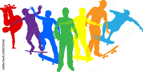 Skateboarders skateboarding on skate boards silhouette people set. Active sports people healthy players fitness silhouettes concept.