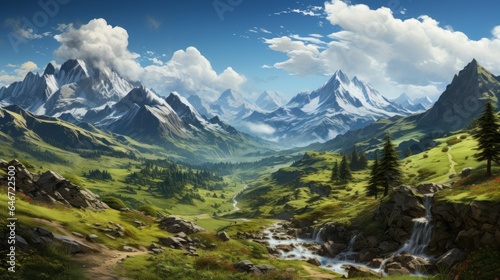 Captivating Alpine Scenery: Majestic Peaks, Serene Valleys amidst Snowy Splendor & Lush Green Foliage of Europe's Mountainous Landscape, generative AI