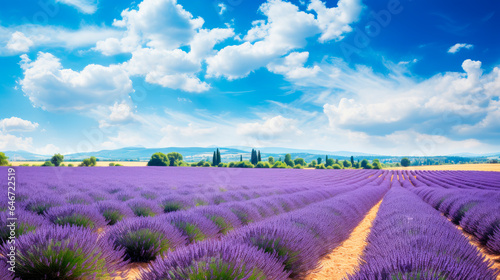 Beautiful lavender field with long purple rows