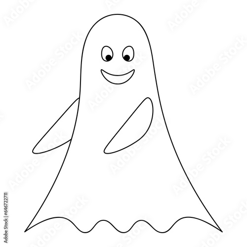 Dancing ghost. Spirit with a sweet smile. Vector illustration. Outline on isolated white background. Doodle style. Coloring book for children. Sketch. Casting. Halloween symbol. White linen suit. 