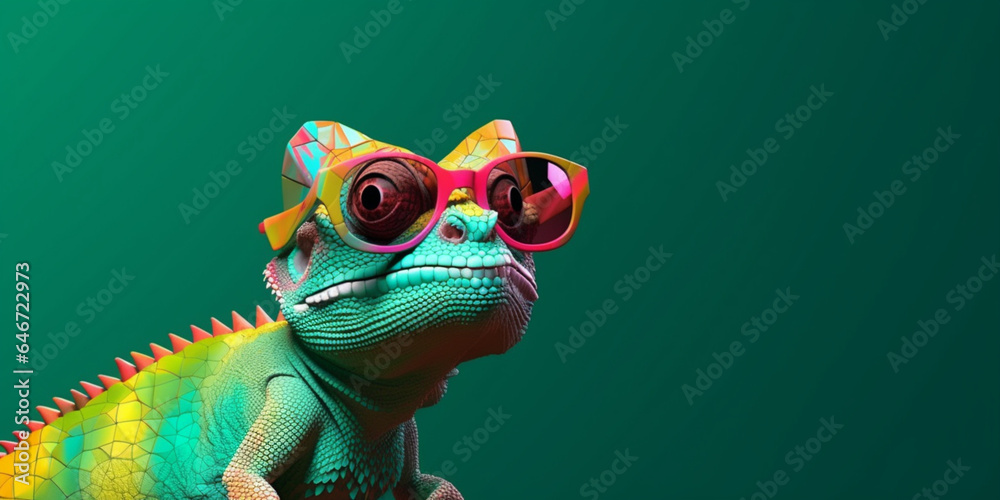 Generative AI. Chameleon wearing sunglasses on a solid color background, vector art, digital art, faceted, minimal, abstract - obrazy, fototapety, plakaty 