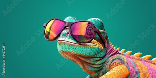 Generative AI. Chameleon wearing sunglasses on a solid color background, vector art, digital art, faceted, minimal, abstract