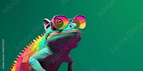 Generative AI. Chameleon wearing sunglasses on a solid color background, vector art, digital art, faceted, minimal, abstract photo