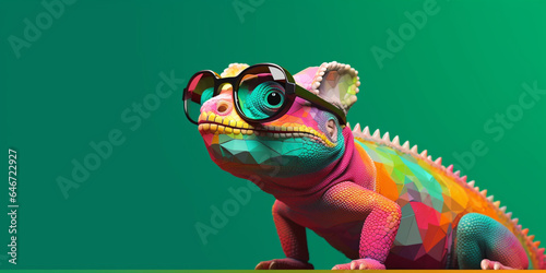 Generative AI. Chameleon wearing sunglasses on a solid color background, vector art, digital art, faceted, minimal, abstract