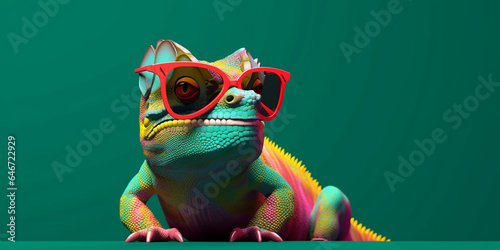 Generative AI. Chameleon wearing sunglasses on a solid color background, vector art, digital art, faceted, minimal, abstract