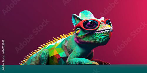 Generative AI. Chameleon wearing sunglasses on a solid color background, vector art, digital art, faceted, minimal, abstract