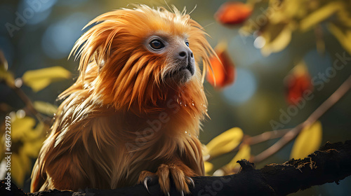 Golden lion tamarin (Leontopithecus rosalia) on a tree branch in natural wildlife environment in rainforest jungle photo