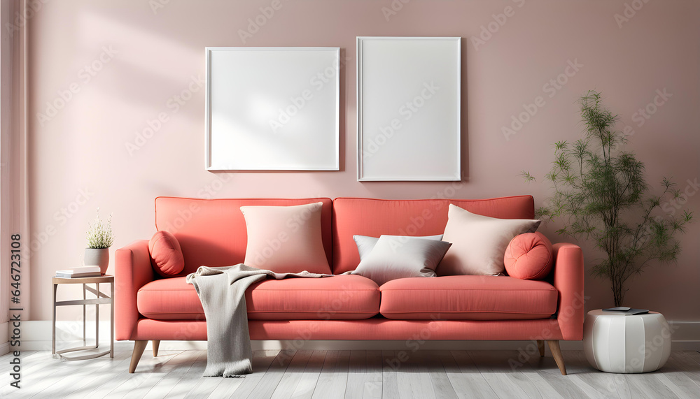 Fototapeta premium Modern living room simple interior design with pastel red fabric sofa and cushions and blank poster frame
