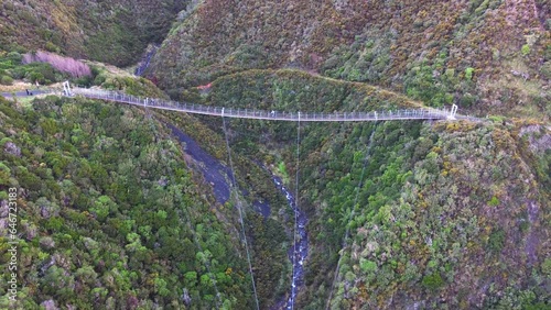 Ascending view of a large swing bridge as cyclists ride across it. Siberia Gully, Remutaka Cycle Trail, New Zealand. photo