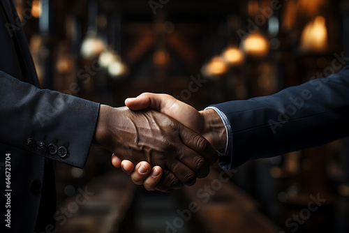 Businessmen in jackets are greeted by two hands close together