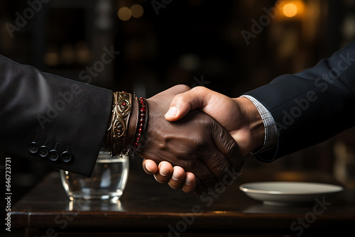 Businessmen in jackets are greeted by two hands close together