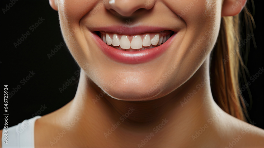 Joyful Woman Reveals Bright Whitened Smile on Dark Canvas Joyful Woman Reveals Bright Whitened Smile on Dark Canvas