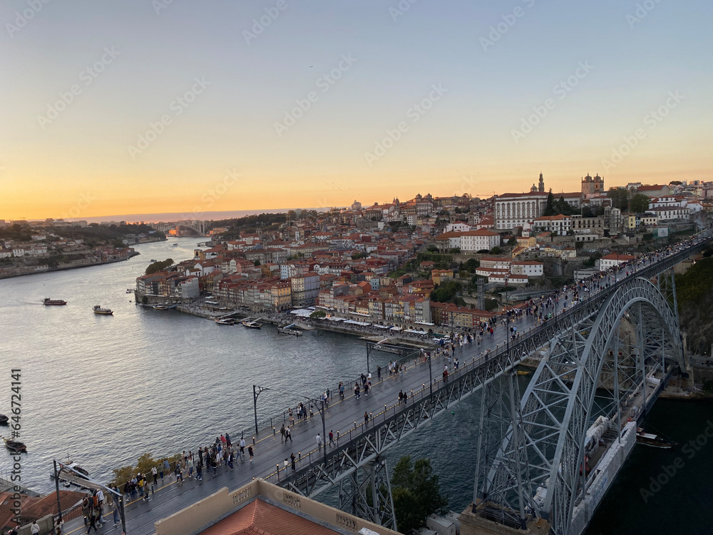 Sunset over river view in Porto city