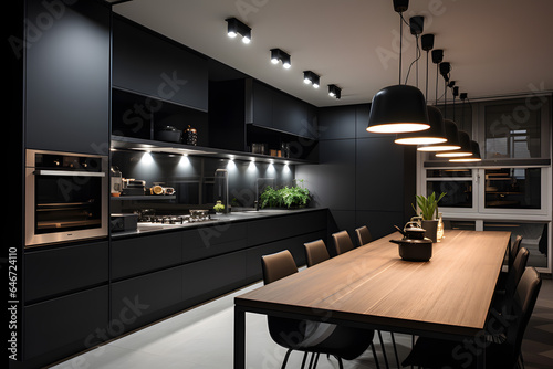 Luxury kitchen corner design with dark wall.3D rendering.