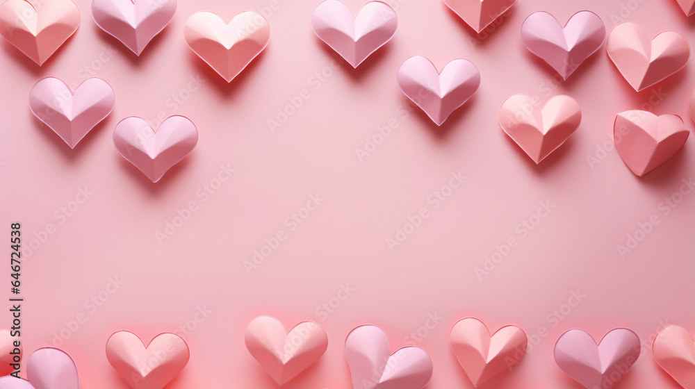 Paper valentines day hearts on pink