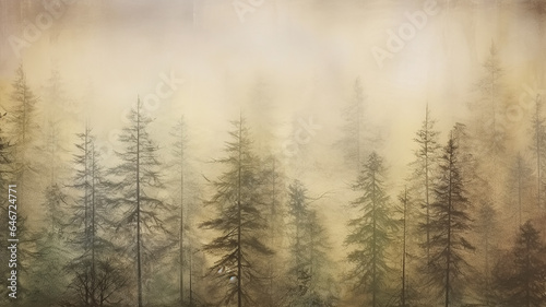 landscape coniferous forest in autumn fog, view of fir trees and pines in the silence and tranquility of wild northern nature background