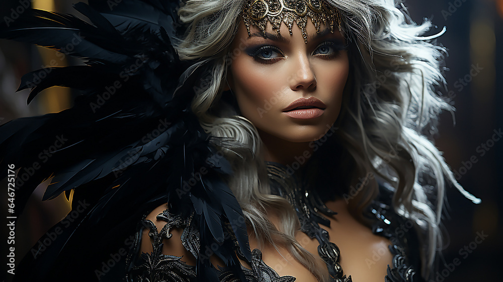 fantasy mysterious woman dark queen bare long sexy luxurious black dress silk fly wind, Elegant hairstyle gothic lady. 