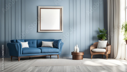 Simple interior design of a modern living room with a pastel blue fabric sofa and cushions and a blank poster frame.