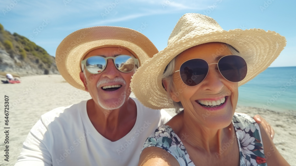 Portraits of pensioners in straw hats and sunglasses resting on the sea beach. Travel for older people.