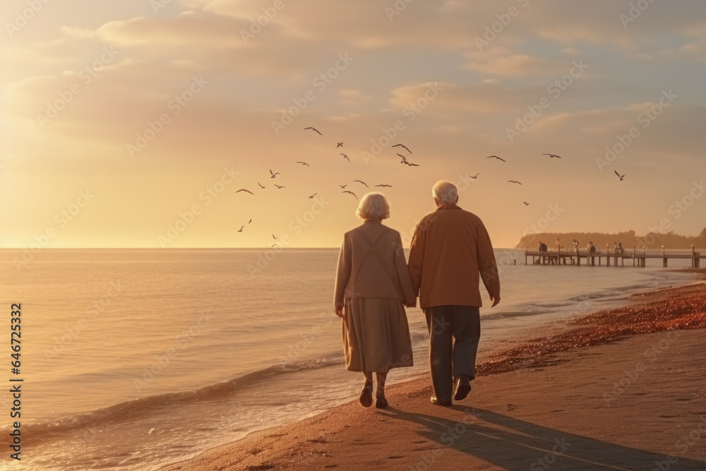 Fototapeta premium A couple of elderly people walk on the seashore at sunset. Travel for retirees.