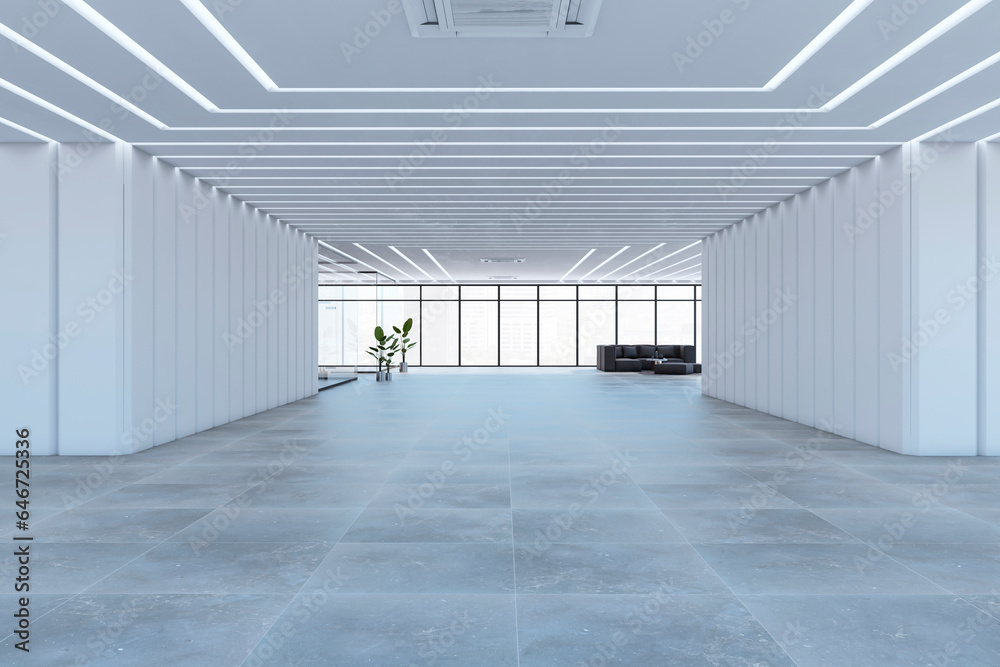 Obraz premium Modern spacious concrete and glass office interior with furniture and panoramic windows with city view. 3D Rendering.
