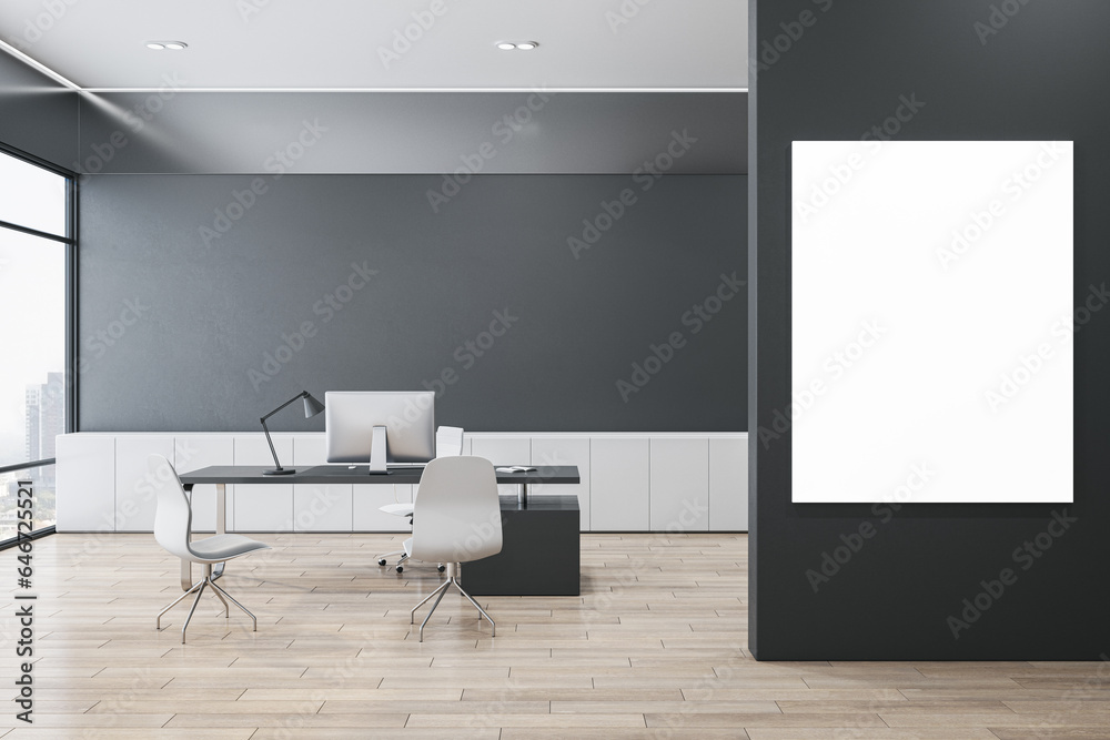 Modern office interior with blank white mock up banner on black wall, wooden parquet flooring, window and city view, furniture and equipment. Home or office workplace concept. 3D Rendering.