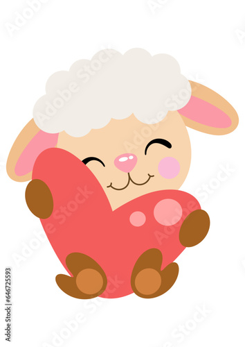 Cute sheep sitting holding a big heart