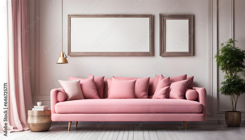 Fototapeta premium Simple interior design of a modern living room with a pastel pink fabric sofa and cushions and a blank poster frame.