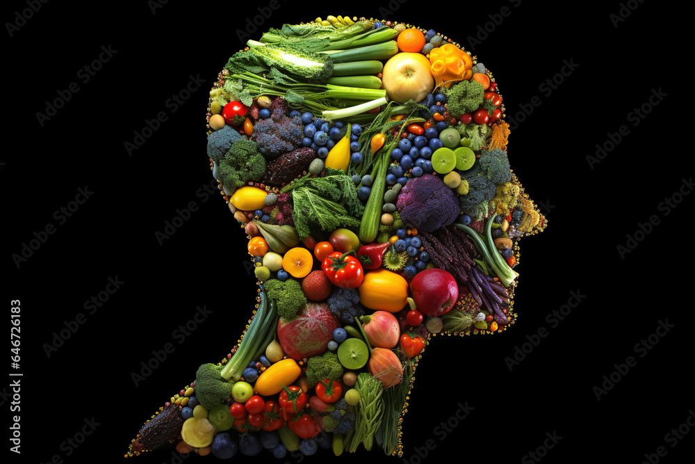 Fresh fruits and vegetables integrated into a human body silhouette for nutritional balance